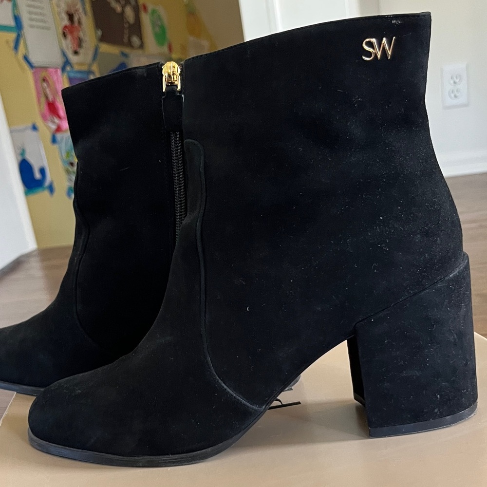 Stuart Weitzman Black Ankle Booties with Gold Accent